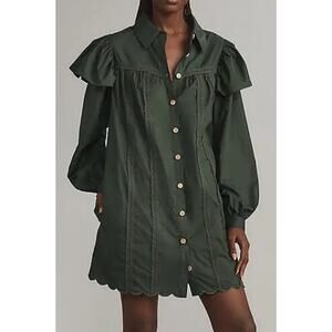 Farm Rio Anthropologie Green Boho Mini Shift Shirt Dress L Cottagecore Peasant